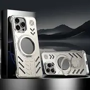 Jarttarn Metal Case for iPhone 16 Pro Max,Cooling Aluminum Alloy Hollow Phone Case with 360° Magnetic Ring Stand,Heat Dissipation Bezel-Less Anti-Fall Protective Cover (Silver)