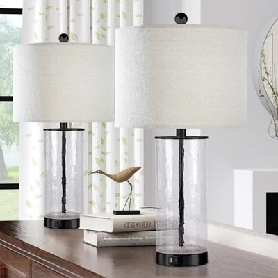23" Farmhouse Glass Table Lamps Set of 2 for Living Room, Crackled Glass Black