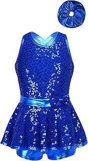 [Linjinx] Kids Girls Shiny Sequins Cutout X-Back Jazz Latin Dance Dress Ballet Leotard Dress with Scrunchies Set