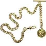 [watchvshop] Albert Chain Gold Tone Pocket Watch Chain Vest Chain for Men Fob T Bar with Swivel Clasp with Queen Design Medal Fob Charm AC79A, Chain Length - 1 X 12 inches + 1 X 2 inches, Metal, No