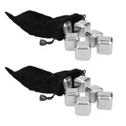 2x 6pc Barcraft Stainless Steel Wine Cubes Reusable Ice w/ Pouch Set Silver