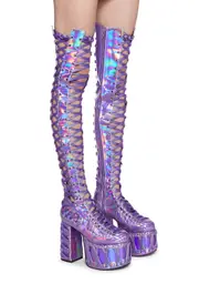 [Club Exx] Rude Awakening Thigh High Boots - Purple Holographic