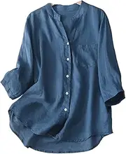 [HongYunAu] Women's Fashion Retro Stand Collar Cotton Linen Shirt Casual Business Shirt