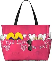 [Ghjkfbf] Valentine'S Heart Print Large Capacity Beach Travel Bag For Family, Beach Tote Bag For Women With Zipper Pockets, Black, One Size