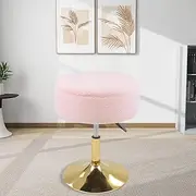LITZFUR Pink Vanity Stool for Makeup Room, Faux Fur Vanity Chair Round Storage Ottoman Height Adjustable Footrest, 360° Swivel Gold Chair for Living Room Bedroom