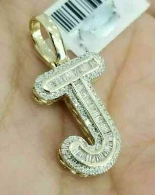 14K Yellow Gold Plated Baguette Lab Created Diamonds Initial Letter J Pendant 18
