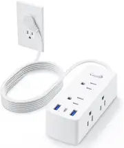 Flat Plug Power Strip, Flat Extension Cord 5Ft, 6 Outlets 3 USB Ports(1 USB C),