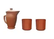 Clay Designer Water Jug with Lid + 2 Glasses (1 Liter, Set of 3 )