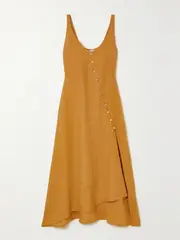 [Le Kasha] Le Kasha - + Net Sustain Rafah Asymmetric Button-embellished Organic Linen Midi Dress - Mustard - small small Yellow