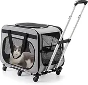 Dog Carrier with Wheels for Small Dogs and Medium Cats,Rolling Cat Dog Carrier,Pet Travel Carrier on Wheels with Upgraded Wheels and Telescopic Handle,Gray
