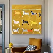 Mintura Handmade Yellow Horse Oil Paintings On Canvas Wall Art Decoration Modern Abstract Animals Picture For Home Decor Rolled Frameless Unstretched Painting