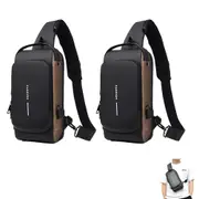 2pcs Sling Backpack Anti Theft USB Port Sport Chest Shoulder Bag Lightweight Crossbody Bag -Brown