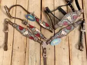 Western Leather Headstall and Breast Collar tack Set for the horse, MOUSM