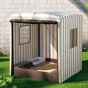 Keezi Kids Sandpit, 120cm Height Wooden Sandbox Sand Pit Play Toys Water Basin Sandcastle Garden Patio Beach Activity Outdoor Toy Games, with Water-Resistant Canopy and Roll-up Windows