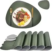 Faux Leather Placemats and Coaster Sets of 6 Round - Washable Non-Slip PU Table Mat Wipeable Hot Resistant Place Mats for Kitchen Table (Green-Grey, 6)