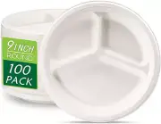 Disposable Paper Plates with 3 Compartment, Sugarcane Bagasse, Compostable, Heav