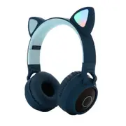 Cute Cat Ear Bluetooth 5.0 Headphones Foldable On-Ear Stereo Wireless Headset With Mic Led Light Support Fm Radio/Tf Card/Aux In For Smartphones Pc Tablet Blue