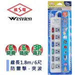 《日樣》威電牌 6尺 1.8米六孔電源延長線插座 三孔 1200W 延長線插頭 獨立開關 台灣製造 合格認證 110V