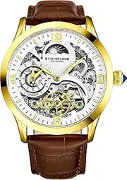 [Stührling] Original Automatic Watch for Men Skeleton Watch Dial, Dual Time, AM/PM Sun Moon, Leather Band, Mens Watches Series, Gold and Brown, Automatic Watch