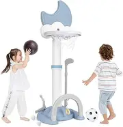 HONEY JOY 4-in-1 Kids Basketball Hoop, Adjustable Height Children Sports Center w/Electronic Scoreboard Ring Toss, Basket Ball, Foot Ball, Golf Play Set, Indoor Outdoor Sports Toy Set, in 76cm-114cm