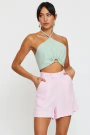 Pink Mini Shorts High Rise Linen Blend - Size 14, Women's Hw Short