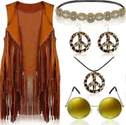 Morakot 6 Pcs 60s 70s Outfits for Women Hippie Costume Set Peace Sign Earring Headband Fringe Vest Tassel Cardigan Khaki 3X-Large