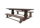 Vidal mango 3 piece pedestal dining set table/2 benches antique walnut