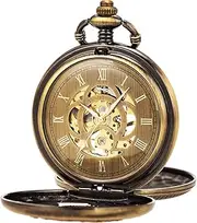 [ManChDa] Antique Mechanical Pocket Watch Lucky Dragon and Phoenix Skeleton Dial with Chain + Gift Box