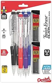 Pentel Twist-Erase Click Mechanical Pencil (0.5mm), Pack of 6 Pencisl with 2 Pack of Lead Refills (PD275TLBPS6M)