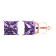 2.0 ct Princess Cut Solitaire Alexandrite Stud Earrings 14k Rose Solid Gold