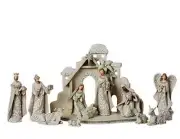 Nativity Set 12 pc 5 inch Stable Animals Silver Lace Shimmer Textured Palm Trees