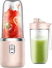Portable Blender, Wireless Juicer, USB Rechargeable Smoothie Blend with 6 Sharp Blades and Double Cup, Travel Lid, Waterproof Blender for Kitchen with Seal Cover, for Outdoor Office Travel (Pink)