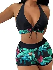[Generic] Womens Swimsuits 3 Piece Women Swimwear Bikinis Tropical Prints Swimsuit Swimsuit Ladies Shorts Halter Two Piece Swimwears Tankinis Set Sexy Swimsuits for Women 3 Piece