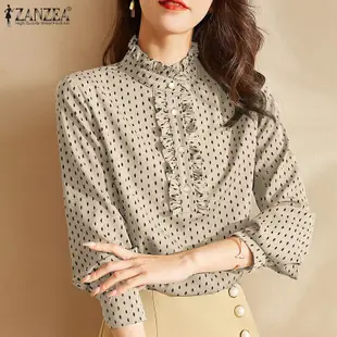 Zanzea 女式韓版時尚立領燈籠袖印花襯衫