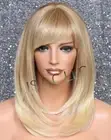 Straight Human Hair blend Heat OK Full Wig Bangs layers Blonde mix LP 27-613
