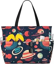 [OAROK] Outer Space Planets Large Capacity Beach Tote Bag For Women Oversized Tote Bag For Weekend Travel, Black, One Size