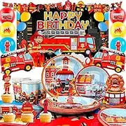 Fire Truck Birthday Party Supplies, Firetruck Birthday Decorations Tableware Set Fire Truck Party Plates Cups Napkins Firefighter Themed Balloon Backdrop etc Fire Truck Party Supplies