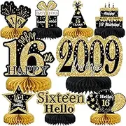 MOORAY 9Pcs Black Gold 16th Birthday Decorations Honeycomb Centerpieces for Boys Girls,Happy Tables Toppers Party Supplies Table Sign Decor