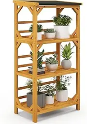 Costway 3-Tier Plant Stand, Outdoor Storage Shelf, Wooden Storage Rack with Weatherproof Asphalt Roof, Garden Shed Utility Tool Organizer, 137CM Tall Outdoor Shelf for Patio, Load 90 kg