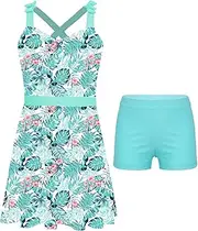 [winying] Kids Girls 2 Piece Rash Guards Bathing Suit Scoop Neck Dress with Plain Color Boxer Shorts