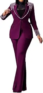 [Tcremisa] Womens Fashion Pants Suit 2 Piece Business Outfits Pearls Long Sleeve Blazer and Slim Fit Pants Sets