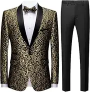 [Zylphorix] Mens Floral Jacquard Dress Suit 2 Piece Print Dinner Tuxedo Lapel One Button Jacket Pants Set