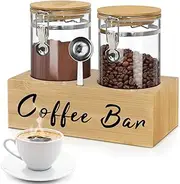 Glass Coffee Canister Set with Shelf & Scoop – 2pcs Coffee Bean Containers with Airtight Locking Clamp – Coffee Bar Accessories Food Storage Jars for Beans, Grounds, Tea, Flour, Cereal, Sugar
