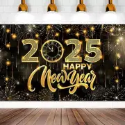 Large 71 X 43 Happy New Year Banner 2025, Black Gold Happy New Year Backdrop New