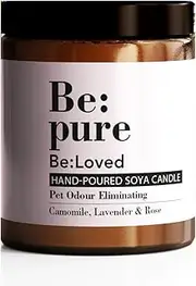Be:Pure Pet Odour Eliminating Candles - Naturally Scented Cat and Dog Candle Jar with Enzymes | Chamomile, Lavender and Rose Dog Smell Eliminator for House, Kennel and Kitchen | 150ml | Be:Loved