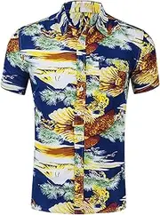 [Generic] Size 1 Seaside Striped Colorful Printed Shirt Short Sleeve Cuffs Button Port Floral Shirt Sand Beach Summer Top T Shirts Men Tall