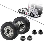 1/14 RC Front Tractor Truck Tires and Steel Wheels Rims OD 3.31'' RC Rubber Traile Tyres for Tamiya 1:14 Scale Tractor Trailer Truck Car Upgrades OR Other 1/14 Truck Models 2PCS