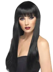 Beautiful Black Long Straight Womens Costume Wig with Front Fringe