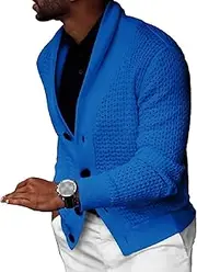 [SWJGLITTR] Men's Hollowed Out Shawl Collar Cardigan Button Cardigans Slim Fit Wool Sweaters Winter Fisherman Casual Cardigans, Blue, Small