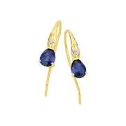 9ct Gold Created Sapphire & Diamond Hook Earrings in Blue